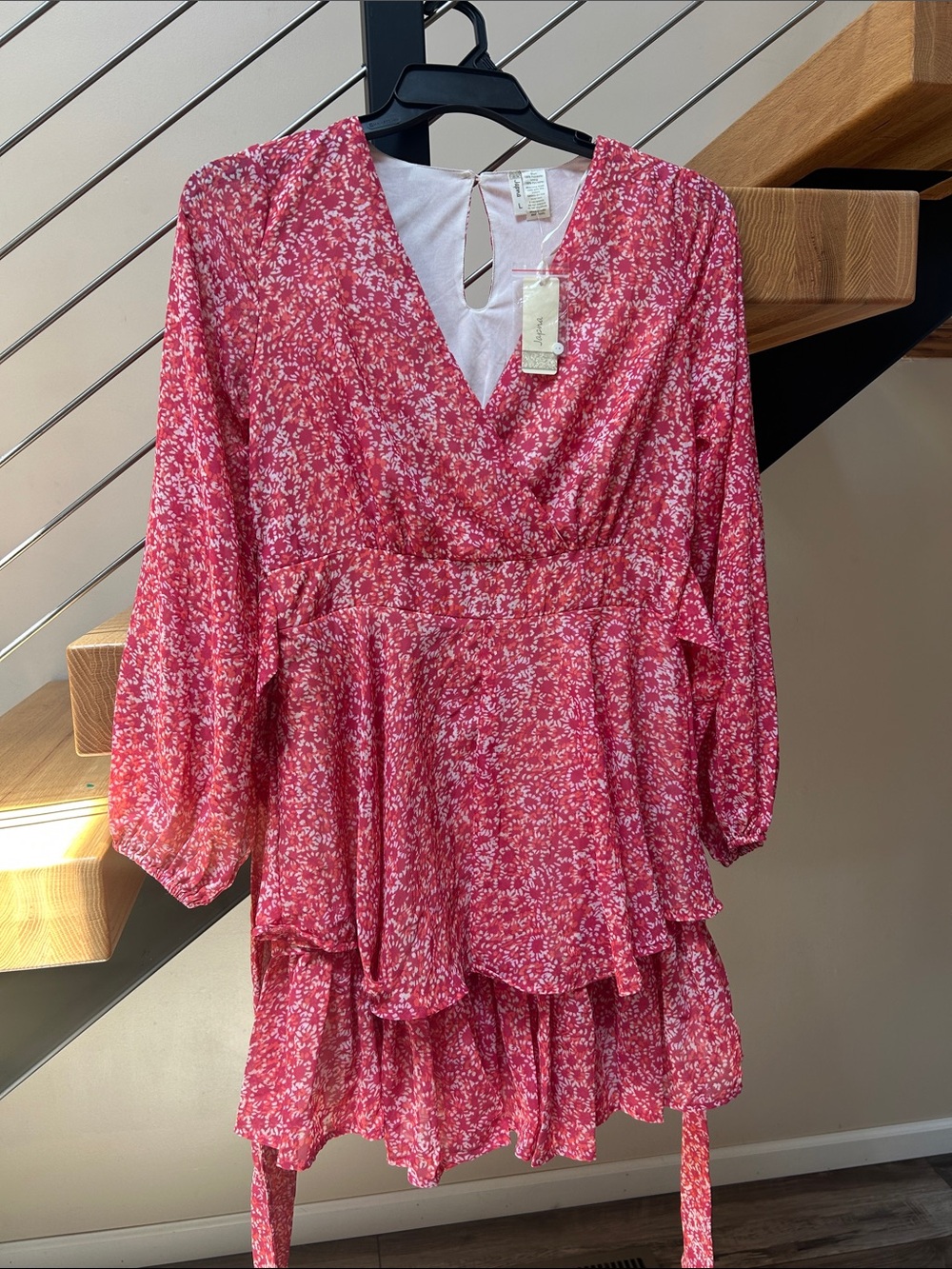 Japna Pink Floral V-Neck Ruffle Dress nwt